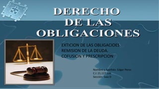 Nombre y Apellido: Edgar Perez
C.I: 21.127.106
Sección: Saia D
EXTICION DE LAS OBLIGACIOES.
REMISION DE LA DEUDA.
COFUSION Y PRESCRIPCION
 