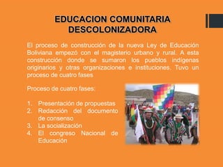 El proceso de construcción de la nueva Ley de Educación
Boliviana empezó con el magisterio urbano y rural. A esta
construcción donde se sumaron los pueblos indígenas
originarios y otras organizaciones e instituciones. Tuvo un
proceso de cuatro fases
EDUCACION COMUNITARIA
DESCOLONIZADORA
Proceso de cuatro fases:
1. Presentación de propuestas
2. Redacción del documento
de consenso
3. La socialización
4. El congreso Nacional de
Educación
 