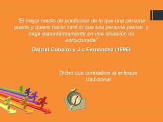 “El mejor medio de predicción de lo que una persona
puede y quiere hacer será lo que esa persona piense y
haga espontáneamente en una situación no
estructurada”
Dalziel Cubeiro y J.c Fernández (1996)
Dicho que contradice al enfoque
tradicional
 
