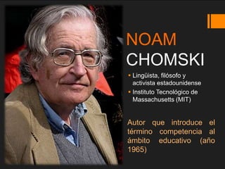 NOAM
CHOMSKI
 Lingüista, filósofo y
activista estadounidense
 Instituto Tecnológico de
Massachusetts (MIT)
Autor que introduce el
término competencia al
ámbito educativo (año
1965)
 