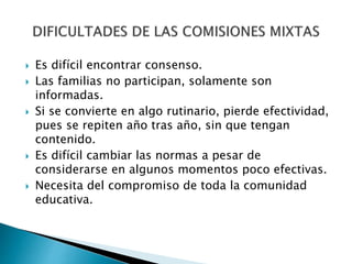  Es difícil encontrar consenso.
 Las familias no participan, solamente son
informadas.
 Si se convierte en algo rutinario, pierde efectividad,
pues se repiten año tras año, sin que tengan
contenido.
 Es difícil cambiar las normas a pesar de
considerarse en algunos momentos poco efectivas.
 Necesita del compromiso de toda la comunidad
educativa.
 