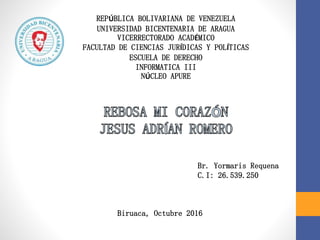 REPÚBLICA BOLIVARIANA DE VENEZUELA
UNIVERSIDAD BICENTENARIA DE ARAGUA
VICERRECTORADO ACADÉMICO
FACULTAD DE CIENCIAS JURÍDICAS Y POLÍTICAS
ESCUELA DE DERECHO
INFORMATICA III
NÚCLEO APURE
Br. Yormaris Requena
C.I: 26.539.250
Biruaca, Octubre 2016
 