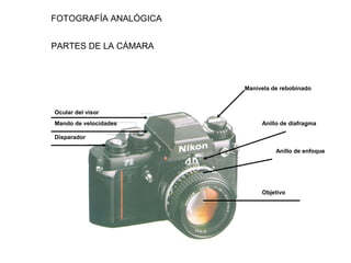 PARTES DE LA CÁMARA
FOTOGRAFÍA ANALÓGICA
Ocular del visor
Mando de velocidades
Disparador
Manivela de rebobinado
Anillo de diafragma
Anillo de enfoque
Objetivo
 