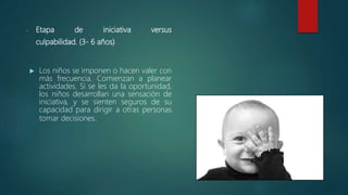 - Etapa de iniciativa versus
culpabilidad. (3- 6 años)
 Los niños se imponen o hacen valer con
más frecuencia. Comienzan a planear
actividades. Si se les da la oportunidad,
los niños desarrollan una sensación de
iniciativa, y se sienten seguros de su
capacidad para dirigir a otras personas
tomar decisiones.
 