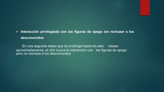 Interacción privilegiada con las figuras de apego sin rechazar a los
desconocidos
En una segunda etapa que se prolonga hasta los seis meses
aproximadamente, el niño busca la interacción con las figuras de apego
pero no rechaza a los desconocidos
 