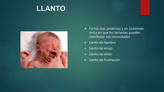 LLANTO
 Forma mas poderosa y en ocasiones
única en que los lactantes pueden
manifestar sus necesidades.
 Llanto de hambre
 Llanto de enojo
 Llanto de dolor
 Llanto de frustración
 