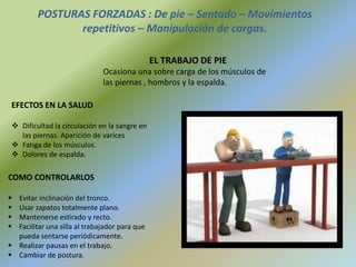 POSTURAS FORZADAS : De pie – Sentado – Movimientos
repetitivos – Manipulación de cargas.
EL TRABAJO DE PIE
Ocasiona una sobre carga de los músculos de
las piernas , hombros y la espalda.
EFECTOS EN LA SALUD
 Dificultad la circulación en la sangre en
las piernas. Aparición de varices
 Fatiga de los músculos.
 Dolores de espalda.
COMO CONTROLARLOS
 Evitar inclinación del tronco.
 Usar zapatos totalmente plano.
 Mantenerse estirado y recto.
 Facilitar una silla al trabajador para que
pueda sentarse periódicamente.
 Realizar pausas en el trabajo.
 Cambiar de postura.
 