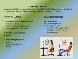 EL TRABAJO SENTADO
Aunque es más cómodo que el trabajo de pie, el trabajador debe mantener la columna
lo mas erguida posible y frente al plano de trabajo lo mas cerca posible.
EFECTOS EN LA SALUD
 Trastornos Musculo esqueléticos:
 Patología vertebral
 Fatiga muscular por carga estética.
 Alteraciones ósea y musculares.
 Trastornos circulatorios
 Varices
 Accidentes provocados :
 Caídas
 Esfuerzos por posturas
 Golpes
COMO CONTROLARLOS
 Sentarse recto
 Cambiar de posturas
 Hacer pausas activas
 Una buena silla que permita al
trabajador mover las piernas.
 Un descasa pies
 