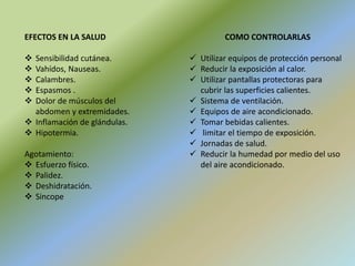 EFECTOS EN LA SALUD
 Sensibilidad cutánea.
 Vahídos, Nauseas.
 Calambres.
 Espasmos .
 Dolor de músculos del
abdomen y extremidades.
 Inflamación de glándulas.
 Hipotermia.
Agotamiento:
 Esfuerzo físico.
 Palidez.
 Deshidratación.
 Sincope
COMO CONTROLARLAS
 Utilizar equipos de protección personal
 Reducir la exposición al calor.
 Utilizar pantallas protectoras para
cubrir las superficies calientes.
 Sistema de ventilación.
 Equipos de aire acondicionado.
 Tomar bebidas calientes.
 limitar el tiempo de exposición.
 Jornadas de salud.
 Reducir la humedad por medio del uso
del aire acondicionado.
 