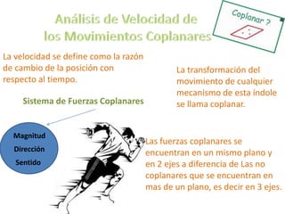 La transformación del
movimiento de cualquier
mecanismo de esta índole
se llama coplanar.Sistema de Fuerzas Coplanares
Magnitud
Dirección
Sentido
Las fuerzas coplanares se
encuentran en un mismo plano y
en 2 ejes a diferencia de Las no
coplanares que se encuentran en
mas de un plano, es decir en 3 ejes.
La velocidad se define como la razón
de cambio de la posición con
respecto al tiempo.