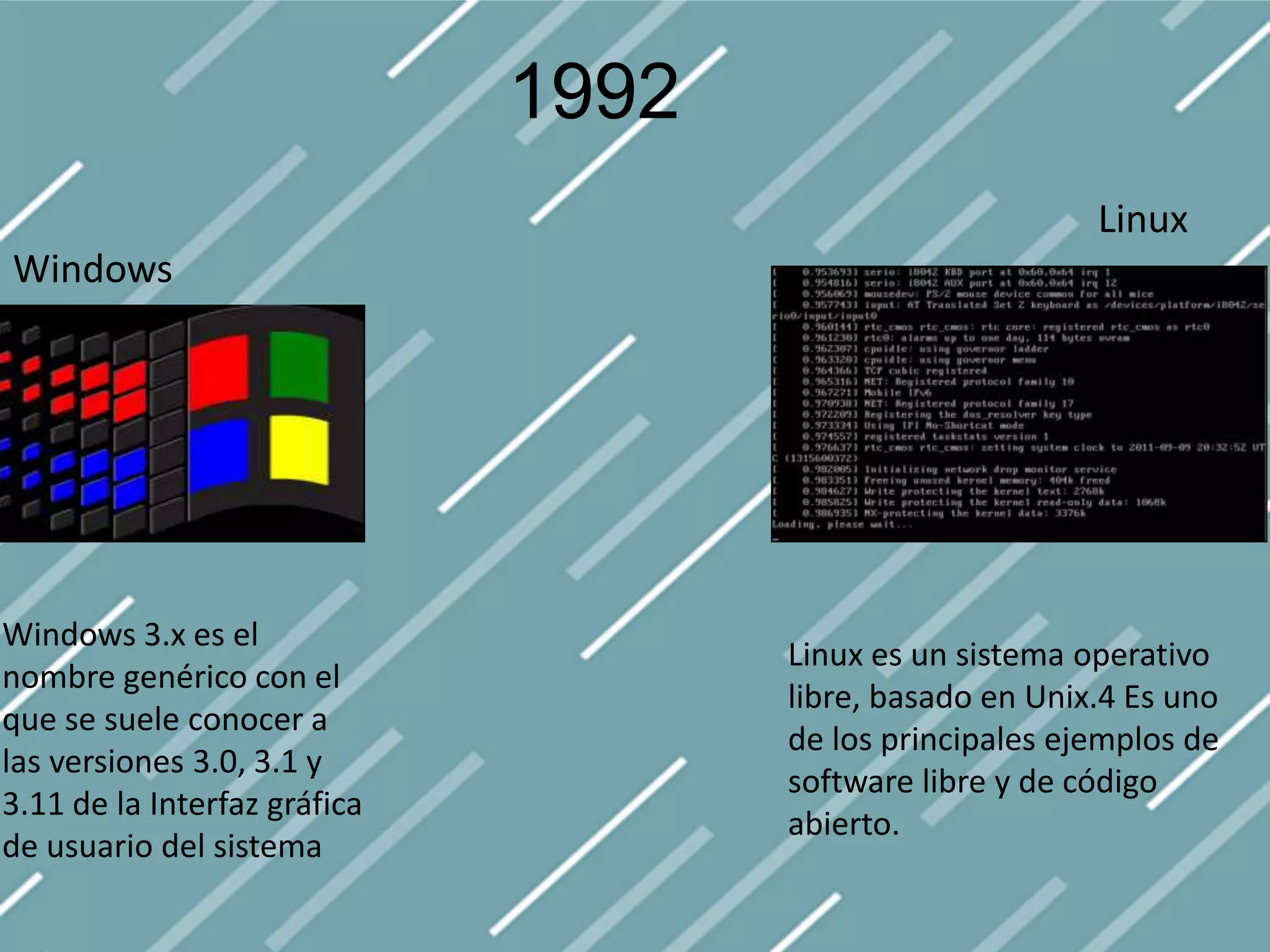 1992
Windows
Windows 3.x es el
nombre genérico con el
que se suele conocer a
las versiones 3.0, 3.1 y
3.11 de la Interfaz gráfica
de usuario del sistema
Linux
Linux es un sistema operativo
libre, basado en Unix.4 Es uno
de los principales ejemplos de
software libre y de código
abierto.
 