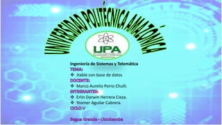 Ingeniería de Sistemas y Telemática
 Jtable con base de datos
 Marco Aurelio Porro Chulli.
 Erlin Darwin Herrera Cieza.
 Yosmer Aguilar Cabrera.
:V
 