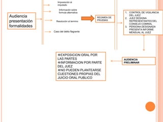 Audiencia
presentación
formalidades
Imposisción al
imputado
Información sobre
formula alternativa
Resolución al termino
Caso del delito flagrante
REGIMEN DE
PRUEBAS
1. CONTROL DE VIGILANCIA
DEL JUEZ
2. JUEZ DESIGNA
REPRESENTANTES DEL
CONSEJO COMINAL
3. PERSONA DESIGNADA
PRESENTA INFORME
MENSUAL AL JUEZ
AUDIENCIA
PRELIMINAR
EXPOSICION ORAL POR
LAS PARTES
INFORMACION POR PARTE
DEL JUEZ
NO PUEDEN PLANTEARSE
CUESTIONES PROPIAS DEL
JUICIO ORAL PUBLICO
 