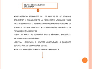 DELITOS DE DELINCUENCIA
ORGANIZADA
CIRCUNSTANCIA AGRAVANTES DE LOS DELITOS DE DELINCUENCIA
ORGANIZADA Y FINANCIAMIENTO AL TERRORISMO UTILIZANDO NIÑOS
NIÑAS O ADOLESCENTE PERSONAS CON DISCAPACIDAD PERSONAS EN
SITUACION DE CALLE, ADULTOS O ADULTAS MAYORES E INDIGENAS O EN
PERJUICIO DE TALES GRUPOS
USOS DE ARMAS DE CUALQUIER INDOLE NECLARES, BIOLOGICAS,
BACTERIOLOGICAS, O SIMILARES.
CONTRA HOSPITALES, O CENTROS ASISTENCIALES O CUALQUIER
SERVICIO PUBLICO O EMPRESA DE ESTADO.
CONTRA LA PERSONA DEL PRESIDENTE DE LA REPUBLICA
 