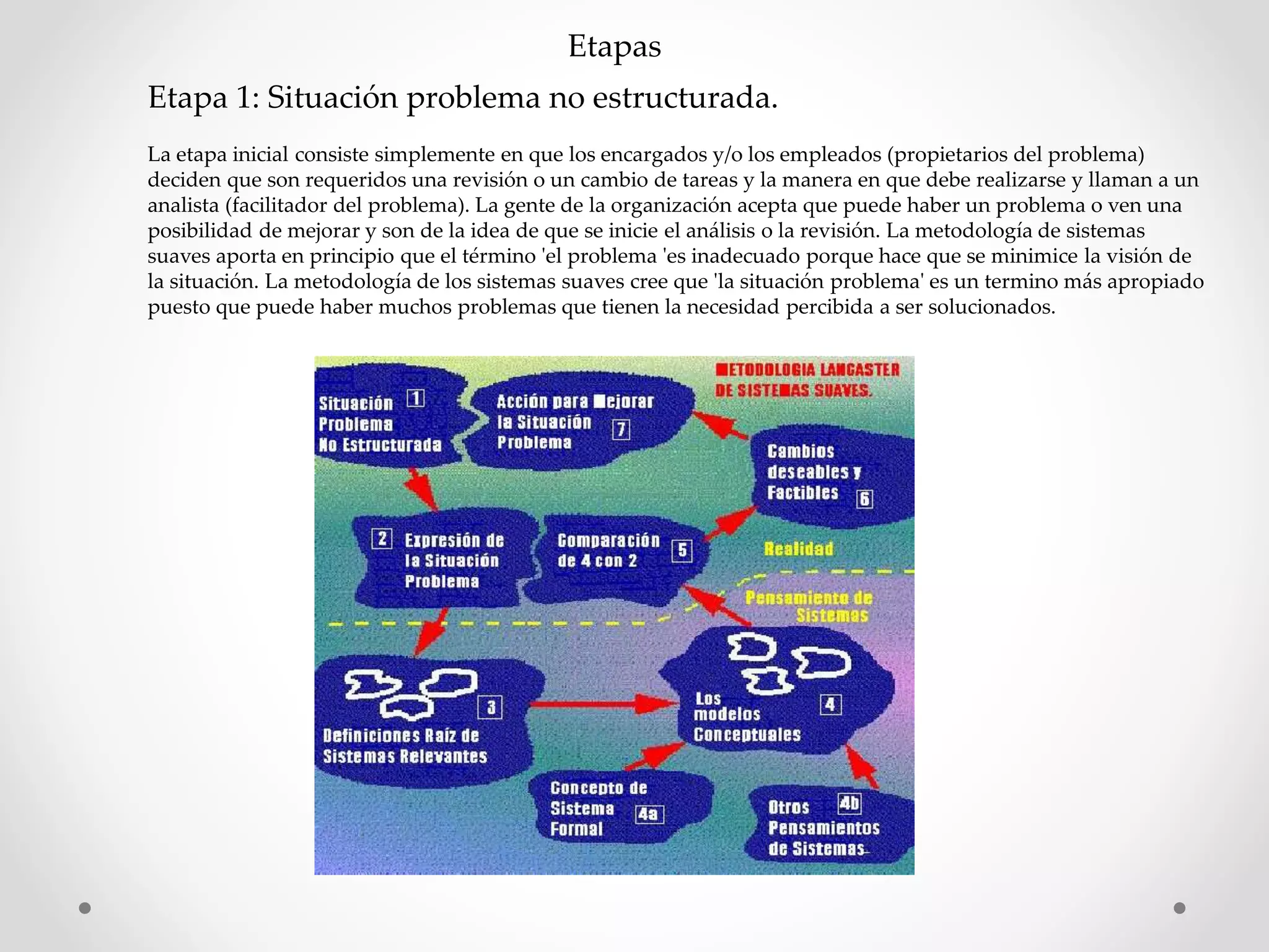 Etapas
Etapa 1: Situación problema no estructurada.
La etapa inicial consiste simplemente en que los encargados y/o los empleados (propietarios del problema)
deciden que son requeridos una revisión o un cambio de tareas y la manera en que debe realizarse y llaman a un
analista (facilitador del problema). La gente de la organización acepta que puede haber un problema o ven una
posibilidad de mejorar y son de la idea de que se inicie el análisis o la revisión. La metodología de sistemas
suaves aporta en principio que el término 'el problema 'es inadecuado porque hace que se minimice la visión de
la situación. La metodología de los sistemas suaves cree que 'la situación problema' es un termino más apropiado
puesto que puede haber muchos problemas que tienen la necesidad percibida a ser solucionados.
 