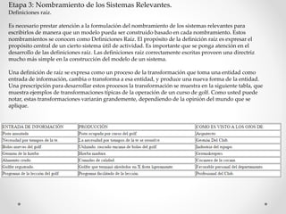Etapa 3: Nombramiento de los Sistemas Relevantes.
Definiciones raíz.
Es necesario prestar atención a la formulación del nombramiento de los sistemas relevantes para
escribirlos de manera que un modelo pueda ser construido basado en cada nombramiento. Estos
nombramientos se conocen como Definiciones Raíz. El propósito de la definición raíz es expresar el
propósito central de un cierto sistema útil de actividad. Es importante que se ponga atención en el
desarrollo de las definiciones raíz. Las definiciones raíz correctamente escritas proveen una directriz
mucho más simple en la construcción del modelo de un sistema.
Una definición de raíz se expresa como un proceso de la transformación que toma una entidad como
entrada de información, cambia o transforma a esa entidad, y produce una nueva forma de la entidad.
Una prescripción para desarrollar estos procesos la transformación se muestra en la siguiente tabla, que
muestra ejemplos de transformaciones típicas de la operación de un curso de golf. Como usted puede
notar, estas transformaciones variarán grandemente, dependiendo de la opinión del mundo que se
aplique.
 