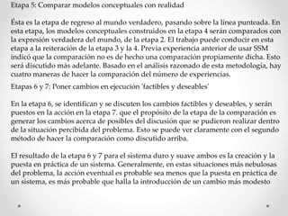 Etapa 5: Comparar modelos conceptuales con realidad
Ésta es la etapa de regreso al mundo verdadero, pasando sobre la línea punteada. En
esta etapa, los modelos conceptuales construidos en la etapa 4 serán comparados con
la expresión verdadera del mundo, de la etapa 2. El trabajo puede conducir en esta
etapa a la reiteración de la etapa 3 y la 4. Previa experiencia anterior de usar SSM
indicó que la comparación no es de hecho una comparación propiamente dicha. Esto
será discutido más adelante. Basado en el análisis razonado de esta metodología, hay
cuatro maneras de hacer la comparación del número de experiencias.
Etapas 6 y 7: Poner cambios en ejecución 'factibles y deseables'
En la etapa 6, se identifican y se discuten los cambios factibles y deseables, y serán
puestos en la acción en la etapa 7. que el propósito de la etapa de la comparación es
generar los cambios acerca de posibles del discusión que se pudieron realizar dentro
de la situación percibida del problema. Esto se puede ver claramente con el segundo
método de hacer la comparación como discutido arriba.
El resultado de la etapa 6 y 7 para el sistema duro y suave ambos es la creación y la
puesta en práctica de un sistema. Generalmente, en estas situaciones más nebulosas
del problema, la acción eventual es probable sea menos que la puesta en práctica de
un sistema, es más probable que halla la introducción de un cambio más modesto
 