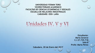 UNIVERSIDAD FERMIN TORO
VICERECTORADO ACADÉMICO
FACULTAD DE CIENCIAS ECONÓMICAS Y SOCIALES
ESCUELA DE RELACINES INDUSTRIALES
CABUDARE- EDO- LARA
Estudiante:
María Zavarce
C.I 27.739.718
SAIA B
Profe: María Pérez
Cabudare, 20 de Enero del 2017
 