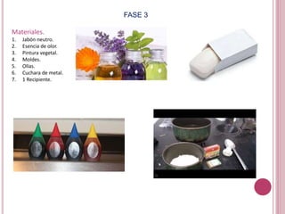 FASE 3
Materiales.
1. Jabón neutro.
2. Esencia de olor.
3. Pintura vegetal.
4. Moldes.
5. Ollas.
6. Cuchara de metal.
7. 1 Recipiente.
 