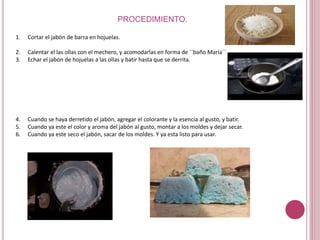 PROCEDIMIENTO.
1. Cortar el jabón de barra en hojuelas.
2. Calentar el las ollas con el mechero, y acomodarlas en forma de ´´baño María´´
3. Echar el jabón de hojuelas a las ollas y batir hasta que se derrita.
4. Cuando se haya derretido el jabón, agregar el colorante y la esencia al gusto, y batir.
5. Cuando ya este el color y aroma del jabón al gusto, montar a los moldes y dejar secar.
6. Cuando ya este seco el jabón, sacar de los moldes. Y ya esta listo para usar.
 