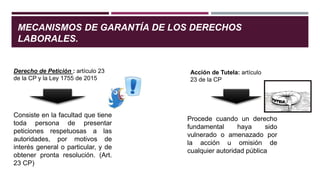 MECANISMOS DE GARANTÍA DE LOS DERECHOS
LABORALES.
Derecho de Petición : artículo 23
de la CP y la Ley 1755 de 2015
Consiste en la facultad que tiene
toda persona de presentar
peticiones respetuosas a las
autoridades, por motivos de
interés general o particular, y de
obtener pronta resolución. (Art.
23 CP)
Acción de Tutela: artículo
23 de la CP
Procede cuando un derecho
fundamental haya sido
vulnerado o amenazado por
la acción u omisión de
cualquier autoridad pública
 