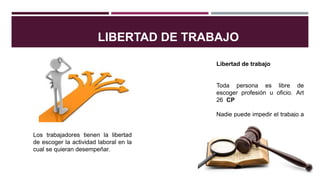 LIBERTAD DE TRABAJO
Los trabajadores tienen la libertad
de escoger la actividad laboral en la
cual se quieran desempeñar.
Libertad de trabajo
Toda persona es libre de
escoger profesión u oficio. Art
26 CP
Nadie puede impedir el trabajo a
los demás. Art 8 del CST.
 