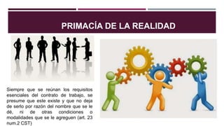 PRIMACÍA DE LA REALIDAD
Siempre que se reúnan los requisitos
esenciales del contrato de trabajo, se
presume que este existe y que no deja
de serlo por razón del nombre que se le
dé, ni de otras condiciones o
modalidades que se le agreguen (art. 23
num.2 CST)
 