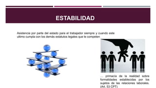 ESTABILIDAD
Asistencia por parte del estado para el trabajador siempre y cuando este
ultimo cumpla con los demás estatutos legales que le competen
… primacía de la realidad sobre
formalidades establecidas por los
sujetos de las relaciones laborales.
(Art. 53 CPT)
 