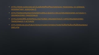 • HTTPS://WWW.SLIDESHARE.NET/LUISADRINPREZPREZ/GERENCIAS-TRADICIONAL-VS-GERENCIA-
MODERNA?NEXT_SLIDESHOW=1
• HTTP://TEORIASORGANIZATIVASHEIDYCARRILLO.BLIGOO.COM.CO/ORGANIZACIONES-ACTUALES-Y-
ORGANIZACIONES-TRADICIONALES
• HTTPS://EARB1991.WORDPRESS.COM/TEORIAS-ORGANIZATIVAS/1-CORTE/ORGANIZACIONES-
TRADICIONALES-Y-ACTUALES/
• HTTP://WWW.AIU.EDU/PUBLICATIONS/STUDENT/SPANISH/TEORIA%20DE%20LAS%20ORGANIZACI
ONES.HTM
 