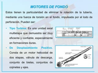 MOTORES DE FONDO
Estos tienen la particularidad de eliminar la rotación de la tubería,
mediante una fuerza de torsión en el fondo, impulsada por el lodo de
perforación. Pueden ser:
• Tipo Turbina. Es una unidad axial
multietapa que demuestra ser muy
eficiente y confiable, especialmente
en formaciones duras.
• De Desplazamiento Positivo.
Consta de un motor helicoidal de
dos etapas, válvula de descarga,
conjunto de bielas, conjuntos de
cojinetes y ejes.
 
