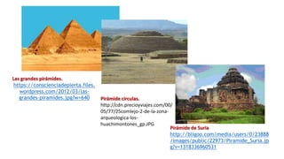 Las grandes pirámides.
https://conscienciadepierta.files.
wordpress.com/2012/03/las-
grandes-piramides.jpg?w=640 Pirámide circulas.
http://cdn.precioyviajes.com/00/
05/77/25comlejo-2-de-la-zona-
arqueologica-los-
huachimontones_gp.JPG
Pirámide de Suria
http://bligoo.com/media/users/0/23888
/images/public/22973/Piramide_Suria.jp
g?v=1318336960531
 