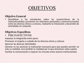 OBJETIVOS
Objetivo General
• Sensibilizar a los estudiantes sobre las características de la
interculturalidad y promover las relaciones personales y comunicacionales
entre las diversas etnias y culturas, mediante la interacción y desarrollo de
actividades en conjunto.
Objetivos Específicos
• PSICOAFECTIVOS
Impulsar la integración entre pares
Promover el respeto y cuidado de las diversas etnias y culturas
Apreciar las diversas identidades
Generar en los alumnos la motivación necesaria para que puedan percibir no
solo su realidad, sino también la realidad por la que atraviesan estos sujetos
Facilitar la comunicación y mejorar los vínculos entre actores institucionales
 