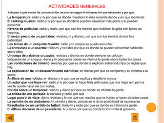 La temperatura: radio y tv por que es donde muestran lo más reciente donde y en que momento
El ranking musical: radio y tv por que es donde lo pueden visualizar más gente y lo pueden
escuchar.
Horario de películas: radio y diario, por que son los medios que notifican la grilla con todos los
horarios.
El mejor precio de un pantalón: revistas, tv y diarios, por que son los medios donde hay
publicidad
Los temas de un conjunto favorito: radio y tv porque se puede escuchar.
La entrevista a un escritor: radio tv y revistas por que es donde se pueden encontrar hablando
sobre ellos
Un juego de palabras cruzadas: revistas y diarios es donde siempre los colocan
Imágenes de un choque: diario y tv porque es donde se informa la gente sobre todas las cosas
Las condiciones de tránsito: revistas por que es donde te explican sobre todo tipo de reglas que
hay.
La explicación de un descubrimiento científico: en diarios por que se comparte y se informa a la
gente.
Análisis de una noticia: en diarios y tv por que se explica y detalla la noticia
Un actor que nos hace reír: radio y tv por que no hace falta verlo para que nos haga reír, pero a
vez te puede hacer reí con señas,
Noticia sobre un temporal: radio tv y diario por que es donde se informa la gente.
La critica de una película: tv revistas y radio, por que
Lugar para ir de viaje: diario revistas y tv por que son medios que te invitan a hacer distintas cosas
La opinión de un ciudadano: tv, revista y diario, porque se le da la posibilidad de expresarse.
Resultados de un partido de futbol: diario tv y radio por que es donde se informa la gente.
El último discurso de un presidente: tv y radio por que es donde lo transmite el gobierno.
ACTIVIDADES GENERALES
Indiquen a que medio de comunicación recurrirían según la información que necesiten y por qué.
 