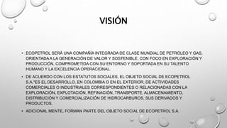 VISIÓN
• ECOPETROL SERÁ UNA COMPAÑÍA INTEGRADA DE CLASE MUNDIAL DE PETRÓLEO Y GAS,
ORIENTADAA LA GENERACIÓN DE VALOR Y SOSTENIBLE, CON FOCO EN EXPLORACIÓN Y
PRODUCCIÓN, COMPROMETIDA CON SU ENTORNO Y SOPORTADA EN SU TALENTO
HUMANO Y LA EXCELENCIA OPERACIONAL.
• DE ACUERDO CON LOS ESTATUTOS SOCIALES, EL OBJETO SOCIAL DE ECOPETROL
S.A."ES EL DESARROLLO, EN COLOMBIA O EN EL EXTERIOR, DE ACTIVIDADES
COMERCIALES O INDUSTRIALES CORRESPONDIENTES O RELACIONADAS CON LA
EXPLORACIÓN, EXPLOTACIÓN, REFINACIÓN, TRANSPORTE, ALMACENAMIENTO,
DISTRIBUCIÓN Y COMERCIALIZACIÓN DE HIDROCARBUROS, SUS DERIVADOS Y
PRODUCTOS.
• ADICIONAL MENTE, FORMAN PARTE DEL OBJETO SOCIAL DE ECOPETROL S.A.
 