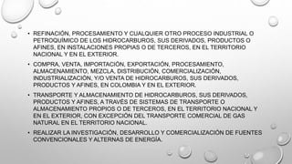 • REFINACIÓN, PROCESAMIENTO Y CUALQUIER OTRO PROCESO INDUSTRIAL O
PETROQUÍMICO DE LOS HIDROCARBUROS, SUS DERIVADOS, PRODUCTOS O
AFINES, EN INSTALACIONES PROPIAS O DE TERCEROS, EN EL TERRITORIO
NACIONAL Y EN EL EXTERIOR.
• COMPRA, VENTA, IMPORTACIÓN, EXPORTACIÓN, PROCESAMIENTO,
ALMACENAMIENTO, MEZCLA, DISTRIBUCIÓN, COMERCIALIZACIÓN,
INDUSTRIALIZACIÓN, Y/O VENTA DE HIDROCARBUROS, SUS DERIVADOS,
PRODUCTOS Y AFINES, EN COLOMBIA Y EN EL EXTERIOR.
• TRANSPORTE Y ALMACENAMIENTO DE HIDROCARBUROS, SUS DERIVADOS,
PRODUCTOS Y AFINES, A TRAVÉS DE SISTEMAS DE TRANSPORTE O
ALMACENAMIENTO PROPIOS O DE TERCEROS, EN EL TERRITORIO NACIONAL Y
EN EL EXTERIOR, CON EXCEPCIÓN DEL TRANSPORTE COMERCIAL DE GAS
NATURAL EN EL TERRITORIO NACIONAL.
• REALIZAR LA INVESTIGACIÓN, DESARROLLO Y COMERCIALIZACIÓN DE FUENTES
CONVENCIONALES Y ALTERNAS DE ENERGÍA.
 
