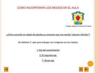 COMO INCORPORAR LOS MEDIOS EN EL AULA
¿Cómo convertir en objeto de estudio un consumo que nos resulta “natural y familiar”?
Se Señalan 3 ejes para trabajar con imágenes en los medios:
1: Eje del conocimiento:
2: El segundo eje:
3: Tercer eje:
Colegio Sagrado Corazón de Jesús
 