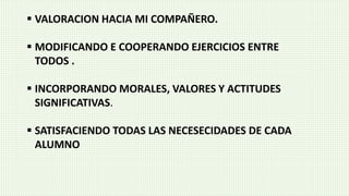  VALORACION HACIA MI COMPAÑERO.
 MODIFICANDO E COOPERANDO EJERCICIOS ENTRE
TODOS .
 INCORPORANDO MORALES, VALORES Y ACTITUDES
SIGNIFICATIVAS.
 SATISFACIENDO TODAS LAS NECESECIDADES DE CADA
ALUMNO
 