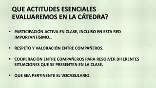 QUE ACTITUDES ESENCIALES
EVALUAREMOS EN LA CÁTEDRA?
 PARTICIPACIÓN ACTIVA EN CLASE, INCLUSO EN ESTA RED
IMPORTANTISIMO…
 RESPETO Y VALORACIÓN ENTRE COMPAÑEROS.
 COOPERACIÓN ENTRE COMPAÑEROS PARA RESOLVER DIFERENTES
SITUACIONES QUE SE PRESENTEN EN LA CLASE.
 QUE SEA PERTINENTE EL VOCABULARIO.
 
