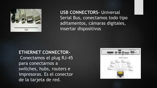 USB CONNECTORS- Universal
Serial Bus, conectamos todo tipo
aditamentos, cámaras digitales,
insertar dispositivos
ETHERNET CONNECTOR-
Conectamos el plug RJ-45
para conectarnos a
switches, hubs, routers e
impresoras. Es el conector
de la tarjeta de red.
 