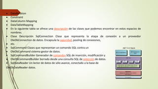  DataRelation
 Constraint
 DataColumn Mapping
 DataTableMapping
 En la siguiente tabla se ofrece una descripción de las clases que podemos encontrar en estos espacios de
nombres.
 Clase Descripción SqlConnection Clase que representa la etapa de conexión a un proveedor
OleDbConnection de datos. Encapsula la seguridad, pooling de conexiones,
 etc.
 SqlCommand Clases que representan un comando SQL contra un
 OleDbCommand sistema gestor de datos.
 SqlCommandBuilder Generador de comandos SQL de inserción, modificación y
 OleDbCommandBuilder borrado desde una consulta SQL de selección de datos.
 SqlDataReader Un lector de datos de sólo avance, conectado a la base de
OleDbDataReader datos.
 