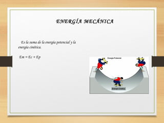 ENERGÍA MECÁNICA
Es la suma de la energía potencial y la
energía cinética.
 Em = Ec + Ep
 
