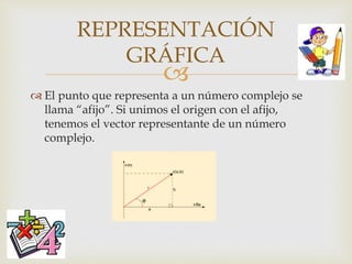 
 El punto que representa a un número complejo se
llama “afijo”. Si unimos el origen con el afijo,
tenemos el vector representante de un número
complejo.
REPRESENTACIÓN
GRÁFICA
 