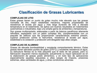 COMPLEJAS DE LITIO
Estas grasas tienen un punto de goteo mucho más elevado que las grasas
normales de litio, mejor estabilidad mecánica, mejores propiedades de
resistencia al lavado por agua y más larga duración de vida a elevada
temperatura en el rodamiento. Se aplica con buenos resultados en rodamientos
automotrices e industriales, bajo una amplia gama de ambientes y temperaturas.
Son grasas multipropósito, elaboradas a partir de básicos parafinicos altamente
refinados, espesados con un jabón complejo litio, complementadas con un
paquete de aditivos que les proporcionan características extrema presión,
superior protección contra la herrumbre, resistencia al lavado por agua,
estabilidad a la oxidación y protección anti-desgaste bajo altas cargas.
COMPLEJAS DE ALUMINIO
Grasas de elevada bombeabilidad y excelente comportamiento térmico. Estas
grasas tienen elevados puntos de goteo (270°C) y excelente resistencia al agua,
su estructura fibrosa es la más pequeña que el resto de las grasas, para su
fabricación requieren menos espesante, actualmente su mayor aplicación es en
la elaboración de grasas grado alimenticio, y en todo tipo de aplicaciones
especialmente aquellas expuestas a altas cargas de impacto, presiones
extremas, altas cantidades de agua, y otras condiciones adversas
Clasificación de Grasas Lubricantes
 