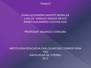 TRABAJO
DIANA ALEXANDRA INFANTE MORALES
CARLOS IGNACIO VARGAS REYES
KAREN ALEJANDRA FLECHAS DIAZ
PROFESOR: MAURICIO CORDOBA
INSTITUCION EDUCATIVA CARLOS ARTURO TORRES PEÑA
1002
SANTA ROSA DE VITERBO
2017
 