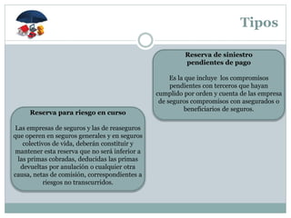 Tipos
Reserva para riesgo en curso
Las empresas de seguros y las de reaseguros
que operen en seguros generales y en seguros
colectivos de vida, deberán constituir y
mantener esta reserva que no será inferior a
las primas cobradas, deducidas las primas
devueltas por anulación o cualquier otra
causa, netas de comisión, correspondientes a
riesgos no transcurridos.
Reserva de siniestro
pendientes de pago
Es la que incluye los compromisos
pendientes con terceros que hayan
cumplido por orden y cuenta de las empresa
de seguros compromisos con asegurados o
beneficiarios de seguros.
 