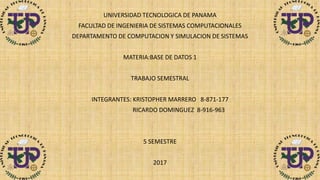 UNIVERSIDAD TECNOLOGICA DE PANAMA
FACULTAD DE INGENIERIA DE SISTEMAS COMPUTACIONALES
DEPARTAMENTO DE COMPUTACION Y SIMULACION DE SISTEMAS
MATERIA:BASE DE DATOS 1
TRABAJO SEMESTRAL
INTEGRANTES: KRISTOPHER MARRERO 8-871-177
RICARDO DOMINGUEZ 8-916-963
5 SEMESTRE
2017
 