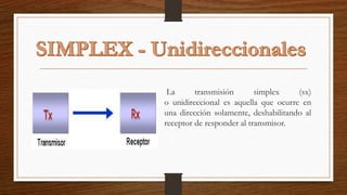 La transmisión simplex (sx)
o unidireccional es aquella que ocurre en
una dirección solamente, deshabilitando al
receptor de responder al transmisor.
 