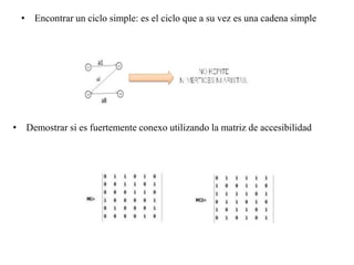 • Encontrar un ciclo simple: es el ciclo que a su vez es una cadena simple
• Demostrar si es fuertemente conexo utilizando la matriz de accesibilidad
 