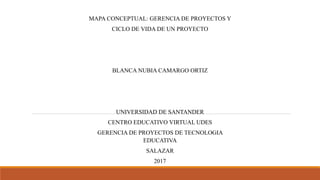 MAPA CONCEPTUAL: GERENCIA DE PROYECTOS Y
CICLO DE VIDA DE UN PROYECTO
BLANCA NUBIA CAMARGO ORTIZ
UNIVERSIDAD DE SANTANDER
CENTRO EDUCATIVO VIRTUAL UDES
GERENCIA DE PROYECTOS DE TECNOLOGIA
EDUCATIVA
SALAZAR
2017
 