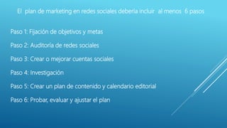 El plan de marketing en redes sociales debería incluir al menos 6 pasos
Paso 1: Fijación de objetivos y metas
Paso 2: Auditoría de redes sociales
Paso 3: Crear o mejorar cuentas sociales
Paso 4: Investigación
Paso 5: Crear un plan de contenido y calendario editorial
Paso 6: Probar, evaluar y ajustar el plan
 